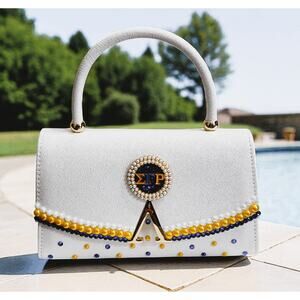 Sigma Gamma Rho Purse Custom Made White, Blue and Gold with Pearls & Rhinestone